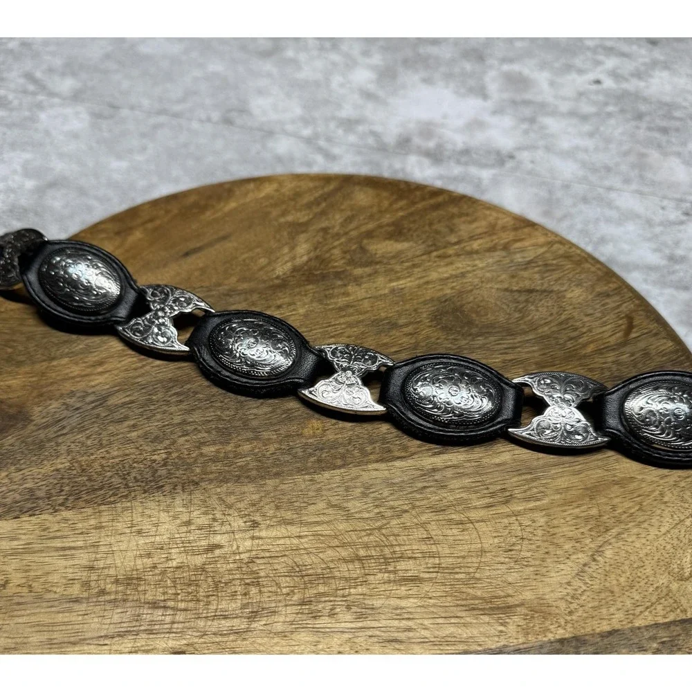 Tony Lama Western Belt Mens 30 Black Leather Concho Silver Buckle 1996 Cowboy